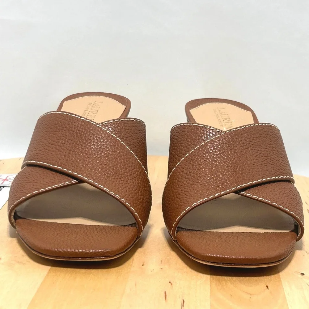 LAUREN Ralph Lauren Women's Brown Leather Slip On Strappy Freddi Sandal- Size 7B